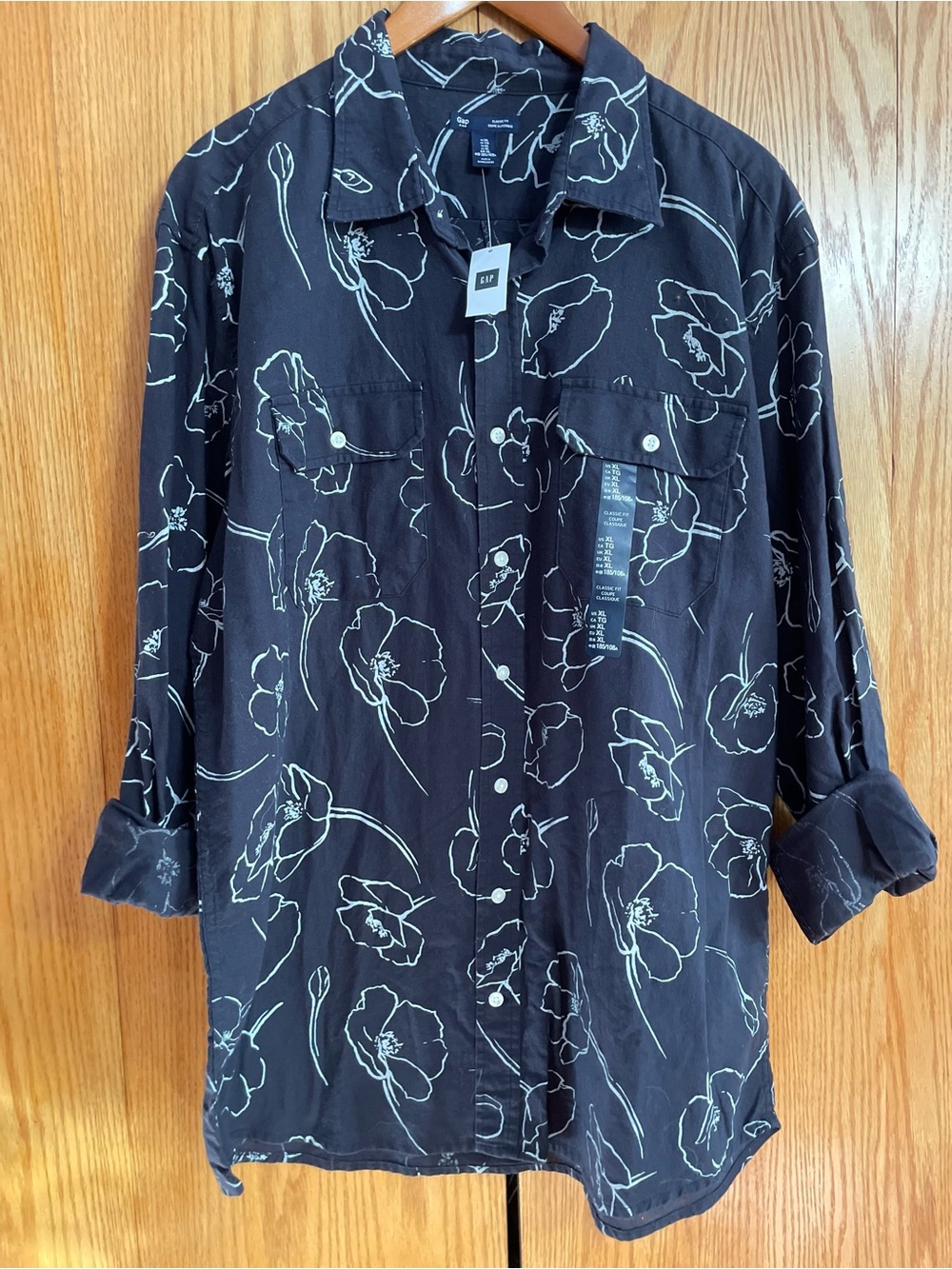GAP Black Button-Down Shirt with White Floral Outline